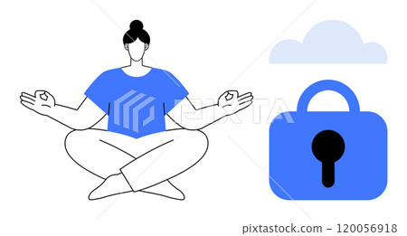 Person meditating in a sitting position next to a large padlock file security icon and a cloud symbol. Ideal for themes of mindfulness, mental health, cyber security, secure data, and peace of mind 120056918