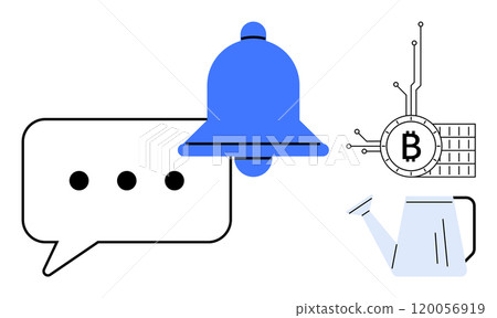 Speech bubble, blue notification bell, digital bitcoin symbol, and blue watering can. Ideal for technology, communication, cryptocurrency, notifications, and growth themes. Modern, clean, minimalist 120056919