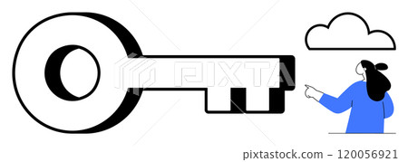 A giant black and white key with a woman in blue pointing towards a cloud in a minimalist style. Ideal for security, technology, cloud computing, access control, futuristic concepts A giant black and white key with a woman in blue pointing towards a cloud in a minimalist style. Ideal for security, technology, cloud computing, access control, futuristic concepts 120056921