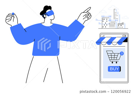 Person wearing VR headset pointing and holding object beside smartphone with shopping cart symbol. Ideal for virtual reality technology online shopping e-commerce futuristic interactions digital Person wearing VR headset pointing and holding object beside smartphone with shopping cart symbol. Ideal for virtual reality technology online shopping e-commerce futuristic interactions digital 120056922