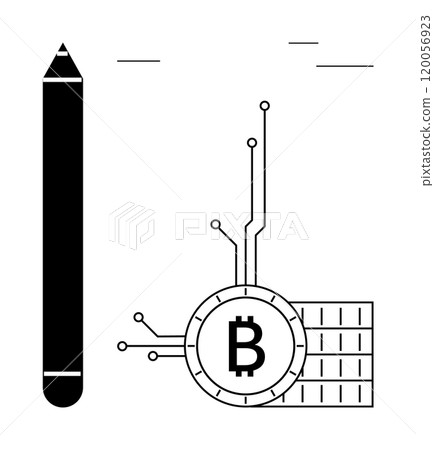 Pencil next to Bitcoin symbol connected to circuit lines represents the intersection of creativity and technology. Ideal for financial technology, cryptocurrency, digital security, innovation 120056923