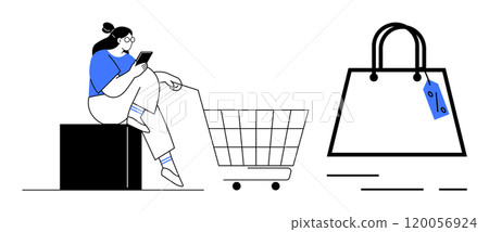 Woman checks her phone near an empty shopping cart. Large shopping bag with a sale tag. Ideal for online shopping, e-commerce, retail, customer behavior, digital transactions. Simple line style Woman checks her phone near an empty shopping cart. Large shopping bag with a sale tag. Ideal for online shopping, e-commerce, retail, customer behavior, digital transactions. Simple line style 120056924
