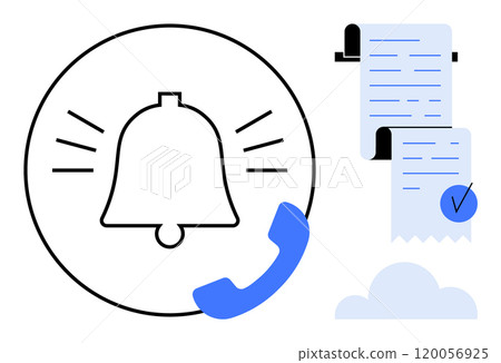 A circular bell icon with lines indicating sound, a blue phone receiver, and a checklist on paper with a blue checkmark. Ideal for communication, reminders, notifications, task management A circular bell icon with lines indicating sound, a blue phone receiver, and a checklist on paper with a blue checkmark. Ideal for communication, reminders, notifications, task management 120056925