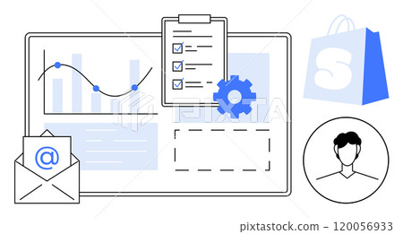 Graphs, a checklist, an email symbol, a gear, a shopping bag, and a user profile appear on a dashboard. Ideal for online business, marketing, website development, analytics, and e-commerce. Simple 120056933