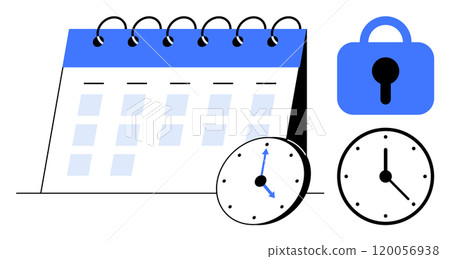A spiral-bound calendar with two clocks and a padlock symbol. Ideal for time management, deadline tracking, event planning, schedule security, and productivity enhancement. Simple and minimalistic 120056938