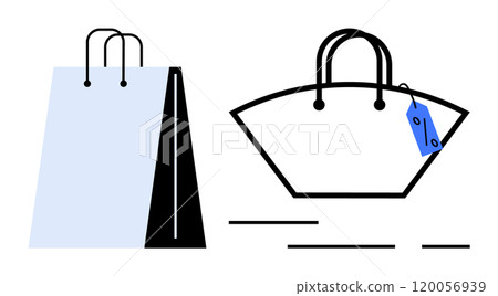 A shopping bag and a handbag with a price tag. Ideal for retail, fashion, shopping, sales, and consumerism themes. Simple design style with a focus on the concept of buying items 120056939
