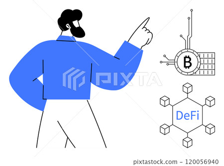 A man points towards symbols representing a cryptocurrency and decentralized finance concept. Ideal for blockchain, cryptocurrency, DeFi (Decentralized Finance), financial technology education A man points towards symbols representing a cryptocurrency and decentralized finance concept. Ideal for blockchain, cryptocurrency, DeFi (Decentralized Finance), financial technology education 120056940