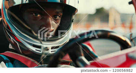 Focused Race Car Driver Wearing Helmet Preparing for Competitive Motorsports Event. Ai generative 120056982