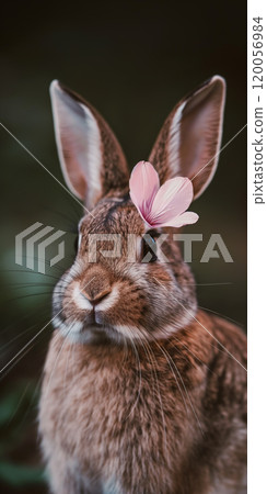 Cute Brown Rabbit with Pink Flower on Head in Nature, CloseUp Shot. Ai generative 120056984