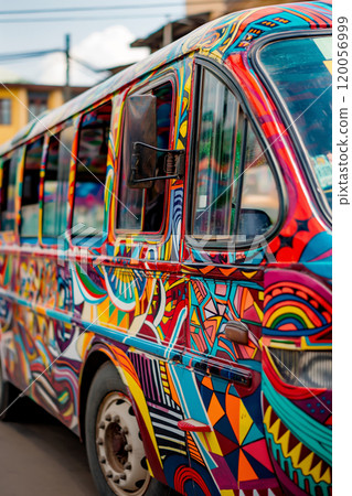Colorful Vintage Bus with Psychedelic Art in Urban Setting. Ai generative 120056999