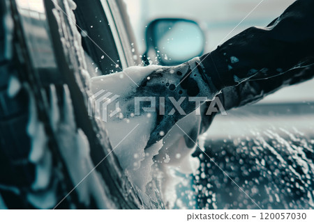 CloseUp of Hand Washing Car with Soapy Water Auto Detailing and Cleaning Concept. Ai generative 120057030