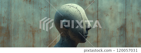 Abstract Concrete Sculpture of a Head Against a Weathered Wooden Background. Ai generative 120057031