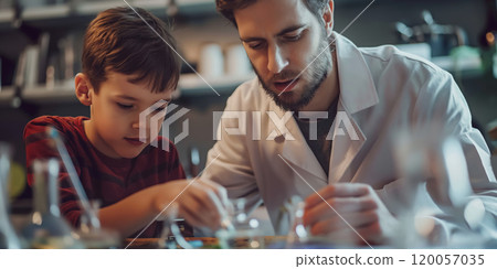 Father and Son Conducting Science Experiments Together in a Laboratory Setting. Ai generative 120057035