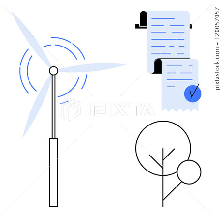 Three elements include a wind turbine, a paper document with a checkmark, and a simple tree icon. Ideal for themes of clean energy, sustainability, environmental responsibility, eco-friendly 120057057