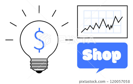Lightbulb with dollar sign, rising line graph, and blue speech bubble with the word Shop. Ideal for business startups, entrepreneurship, online shopping, economic growth, and e-commerce. Flat vector 120057058