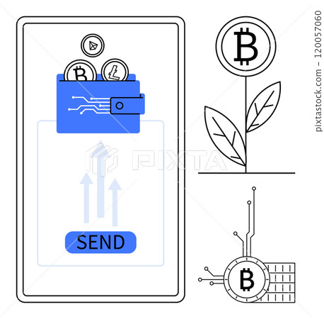 Mobile interface with digital wallet sending cryptocurrencies Bitcoin, smart contract, Litecoin. Bitcoin plant symbolizes growth. Ideal for cryptocurrency, digital transactions, blockchain Mobile interface with digital wallet sending cryptocurrencies Bitcoin, smart contract, Litecoin. Bitcoin plant symbolizes growth. Ideal for cryptocurrency, digital transactions, blockchain 120057060