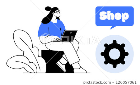 Woman with glasses sitting on a bench, using a laptop. Speech bubble saying Shop, gear icon below. Ideal for e-commerce, online shopping, digital marketing, technology, consumer behavior, modern Woman with glasses sitting on a bench, using a laptop. Speech bubble saying Shop, gear icon below. Ideal for e-commerce, online shopping, digital marketing, technology, consumer behavior, modern 120057061