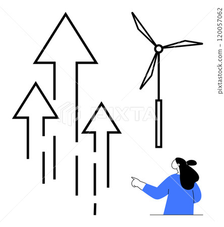 Woman points at arrows and a wind turbine symbolizing energy growth. Ideal for sustainability, renewable energy, environmental awareness, green energy initiatives, educational content. Minimalist Woman points at arrows and a wind turbine symbolizing energy growth. Ideal for sustainability, renewable energy, environmental awareness, green energy initiatives, educational content. Minimalist 120057062