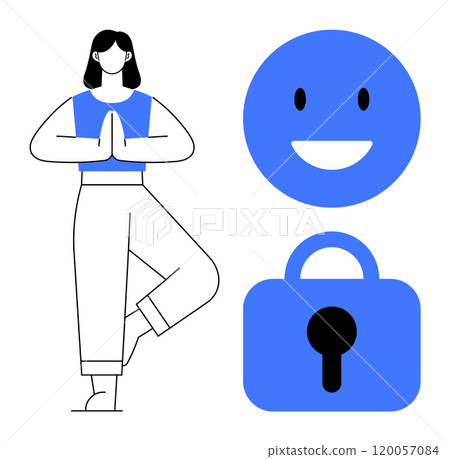 A woman practicing yoga next to a happy face icon and a security lock symbol all in blue and black. Ideal for themes of well-being, mindfulness, happiness, security, and digital protection A woman practicing yoga next to a happy face icon and a security lock symbol all in blue and black. Ideal for themes of well-being, mindfulness, happiness, security, and digital protection 120057084