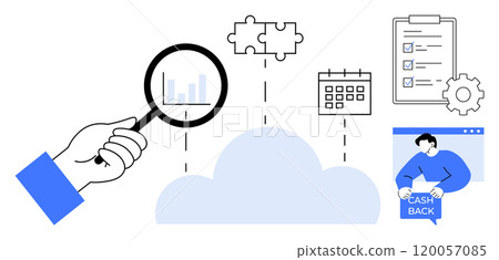 Hand holds magnifying glass over cloud with bar graph, puzzle pieces, calendar, checklist, gear, and person holding cashback banner. Ideal for data analysis, business planning, task management Hand holds magnifying glass over cloud with bar graph, puzzle pieces, calendar, checklist, gear, and person holding cashback banner. Ideal for data analysis, business planning, task management 120057085