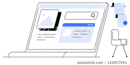Open laptop with search engine page and image thumbnail, adjacent documents with checkmarks and an office chair. Ideal for remote work, office setup, productivity, web design, technology use 120057091