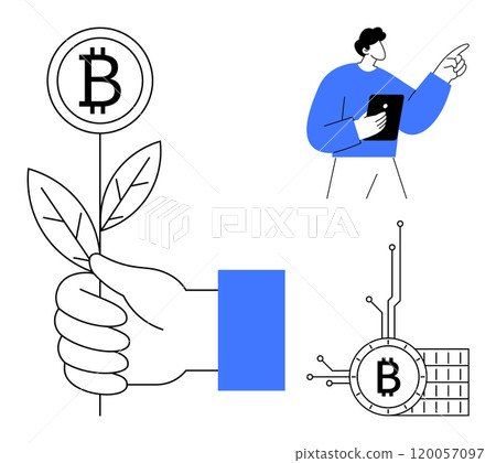 Hand holding a plant with a Bitcoin symbol, man holding tablet, pointing and a Bitcoin on a circuit board. Ideal for finance technology cryptocurrency investment digital assets and innovation. Clean 120057097