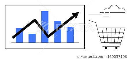 Bar chart with a line graph shows an upward trend with a shopping cart and clouds. Ideal for e-commerce, sales growth, market analysis, business strategies, and digital marketing. Minimalist vector 120057108