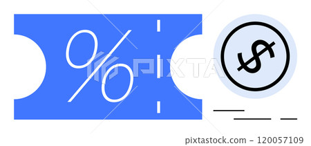 Blue coupon with a percentage symbol and a dollar sign icon in a circle. Ideal for promotions, discounts, savings, retail, and marketing. Simplistic flat design style 120057109