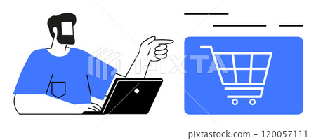 Man using a laptop, pointing to a shopping cart symbol. Ideal for themes such as e-commerce, online shopping, digital marketing, customer service, and technology. Simple modern flat style 120057111