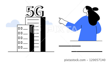 Person pointing at a tall building with 5G text and cloud. Ideal for 5G technology, communications, digital infrastructure, innovation, modern advancements. Minimalist style 120057140