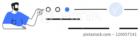 Man pointing at circles and checkmark with lines. Ideal for user interaction, web design, progress tracking, presentation, technology themes. Simple and modern style 120057141
