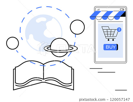 Vector of an open book with planet, a smartphone displaying an online shopping cart with buy button. Ideal for online education, e-commerce, space and planetary science, digital libraries Vector of an open book with planet, a smartphone displaying an online shopping cart with buy button. Ideal for online education, e-commerce, space and planetary science, digital libraries 120057147