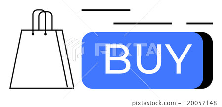Minimalist design of a shopping bag next to a blue buy button. Ideal for e-commerce, online shopping, digital marketing, retail promotions, and user interface design. Simple vector style Minimalist design of a shopping bag next to a blue buy button. Ideal for e-commerce, online shopping, digital marketing, retail promotions, and user interface design. Simple vector style 120057148