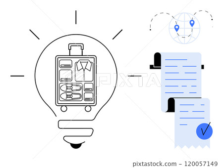 A travel-themed concept is displayed with a light bulb containing a packed suitcase, a location map with pins, and a checklist with a blue check mark. Ideal for vacation, planning, organization A travel-themed concept is displayed with a light bulb containing a packed suitcase, a location map with pins, and a checklist with a blue check mark. Ideal for vacation, planning, organization 120057149
