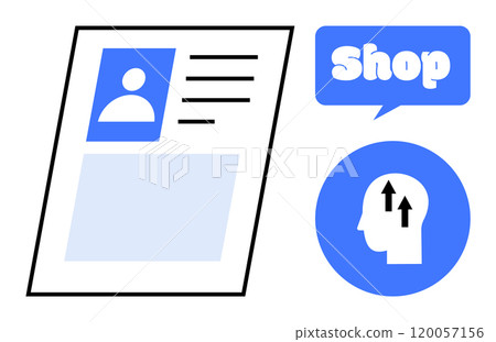 Profile page alongside a shop button and head with arrows symbolizing brainstorming. Ideal for online store, e-commerce, user profile, business solutions, and creative thinking concepts. Simple 120057156