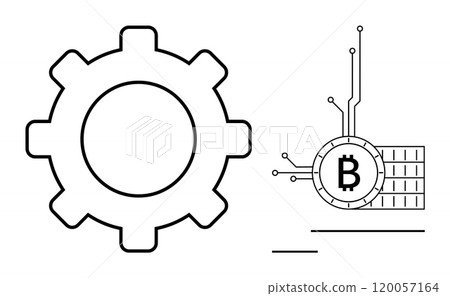 Gear icon and Bitcoin symbol with circuit lines. Ideal for blockchain discussions, finance, cryptocurrency, digital technology, and innovation. Simple line art style. This visual is clear 120057164