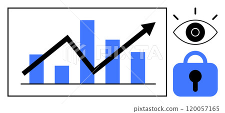 Bar chart with upward trend arrow, eye symbol, and lock, suggesting data security, monitoring, analytics growth, and privacy. Ideal for data analysis, business development, cybersecurity, tech Bar chart with upward trend arrow, eye symbol, and lock, suggesting data security, monitoring, analytics growth, and privacy. Ideal for data analysis, business development, cybersecurity, tech 120057165