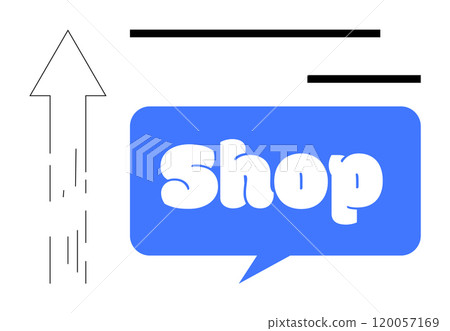 Blue bubble with bold white shop text and upward arrow indicates an upward trend in shopping. Ideal for ecommerce, growth, retail, marketing and promotion. Simple modern style Blue bubble with bold white shop text and upward arrow indicates an upward trend in shopping. Ideal for ecommerce, growth, retail, marketing and promotion. Simple modern style 120057169