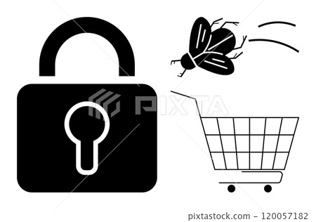 Padlock icon with keyhole alongside a flying insect and a shopping cart symbol in black and white. Ideal for cybersecurity ecommerce privacy insect control and shopping. Simplistic flat design Padlock icon with keyhole alongside a flying insect and a shopping cart symbol in black and white. Ideal for cybersecurity ecommerce privacy insect control and shopping. Simplistic flat design 120057182