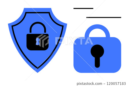 Two blue lock symbols emphasize security. Together, a shield with a padlock and a standalone lock represent protection. Ideal for cybersecurity, data security, online protection, privacy, digital Two blue lock symbols emphasize security. Together, a shield with a padlock and a standalone lock represent protection. Ideal for cybersecurity, data security, online protection, privacy, digital 120057183