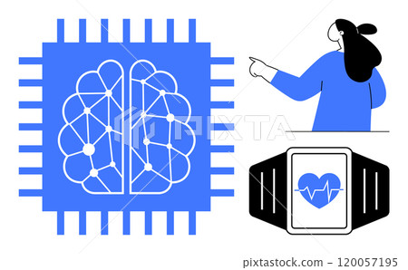 A digital blue chip representing AI, a woman pointing, and a smartwatch with a heart symbol. Ideal for technology, healthcare, AI, smart devices, and medical advancements. Simple, modern, vector 120057195
