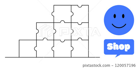 Visible are stacked puzzle piece blocks and a smiling face inside a blue circle with a Shop symbol. Ideal for business development, teamwork, problem-solving, online shopping, marketing. Simple Visible are stacked puzzle piece blocks and a smiling face inside a blue circle with a Shop symbol. Ideal for business development, teamwork, problem-solving, online shopping, marketing. Simple 120057196