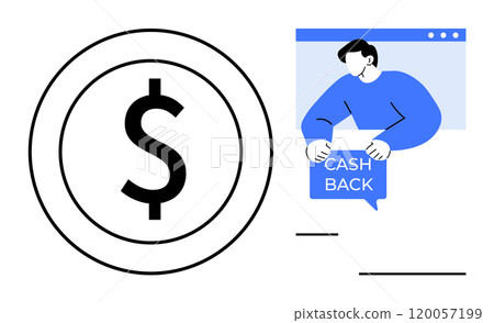 Large dollar sign beside a person holding a cash back speech bubble Ideal for financial, services business promotions online shopping rewards customer loyalty and digital marketing campaigns Modern Large dollar sign beside a person holding a cash back speech bubble Ideal for financial, services business promotions online shopping rewards customer loyalty and digital marketing campaigns Modern 120057199