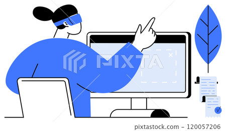 Woman wearing VR headset pointing at computer screen with a document, leaf, and chair in minimalistic style. Ideal for technology, education, innovation, remote work, and virtual reality themes 120057206