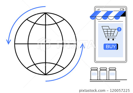 Globe with arrows, smartphone with shopping cart and buy button, jars on a shelf. Ideal for e-commerce, online shopping, global trade, digital marketplace, and consumer behavior. Clean vector style 120057225