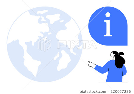 A globe with continents, a person pointing at an information icon. Ideal for education, navigation, global awareness, travel, and information dissemination. Simple, modern style A globe with continents, a person pointing at an information icon. Ideal for education, navigation, global awareness, travel, and information dissemination. Simple, modern style 120057226
