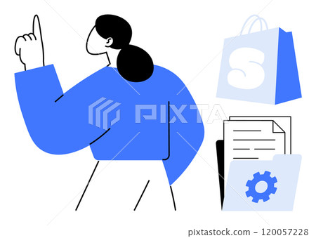 A woman points upwards, alongside a shopping bag and a folder with documents and a gear icon. Ideal for business, shopping, online stores, office work, and productivity. Simple vector art style A woman points upwards, alongside a shopping bag and a folder with documents and a gear icon. Ideal for business, shopping, online stores, office work, and productivity. Simple vector art style 120057228