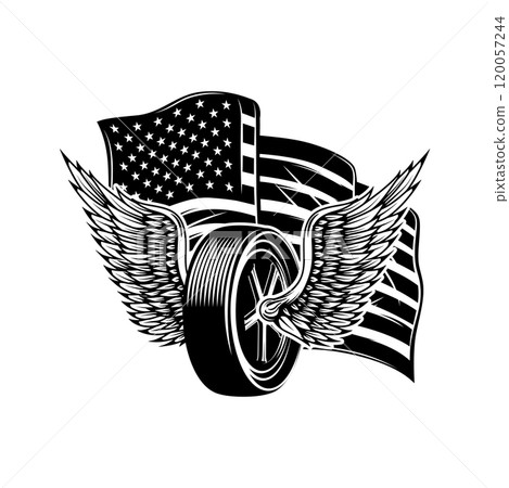 Illustration of winged wheel on american flag background. Design element for poster, card, banner, sign, emblem. Vector illustration Illustration of winged wheel on american flag background. Design element for poster, card, banner, sign, emblem. Vector illustration 120057244