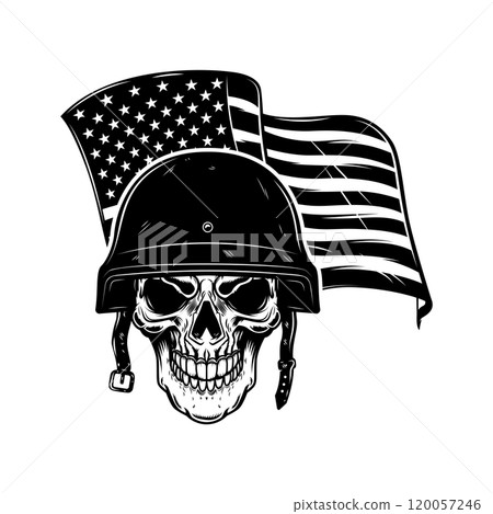 Skull in army helmet on usa flag background. Soldier skull. Design element for poster, card, banner, sign. Vector illustration Skull in army helmet on usa flag background. Soldier skull. Design element for poster, card, banner, sign. Vector illustration 120057246