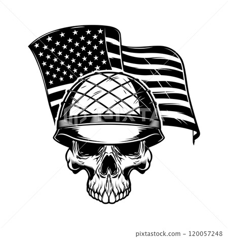 Skull in army helmet on usa flag background. Soldier skull. Design element for poster, card, banner, sign. Vector illustration 120057248